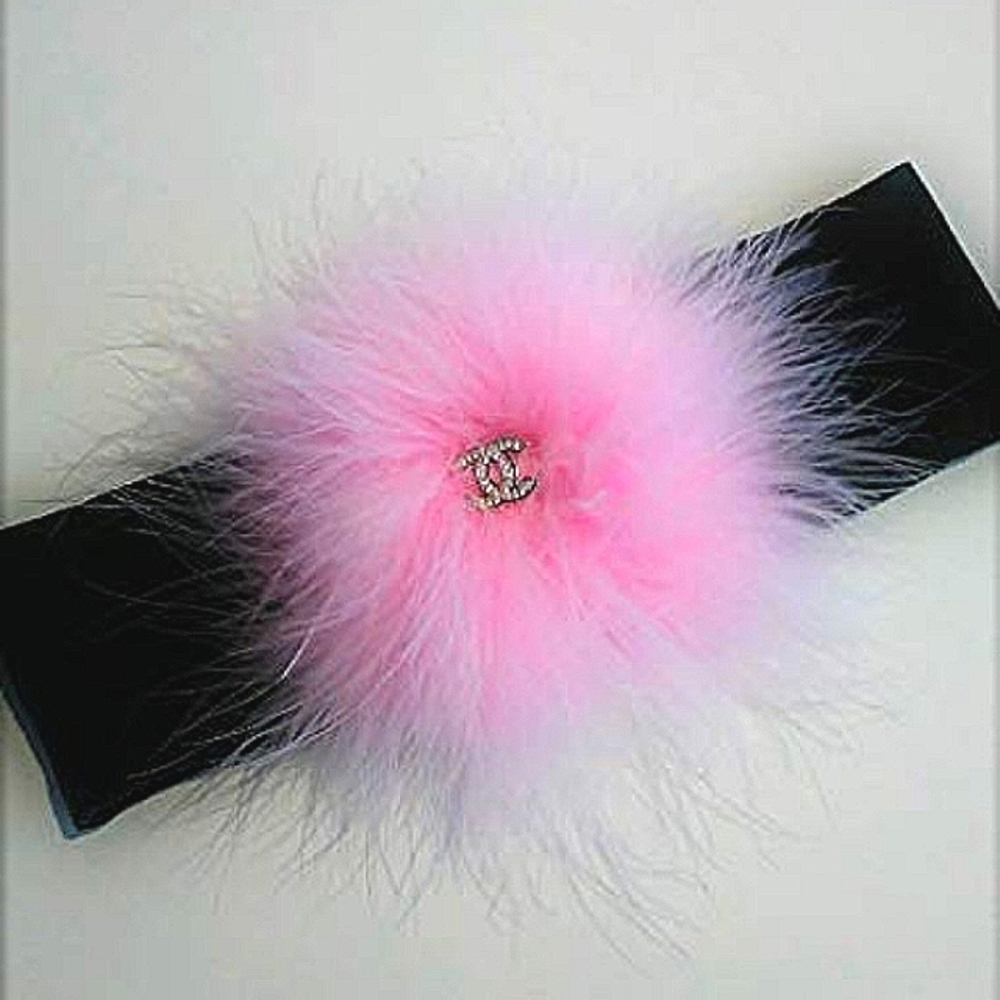 HEADWRAP WRIST‎ WRAP CG.Rhinestone & PINK FEATHER  Pom